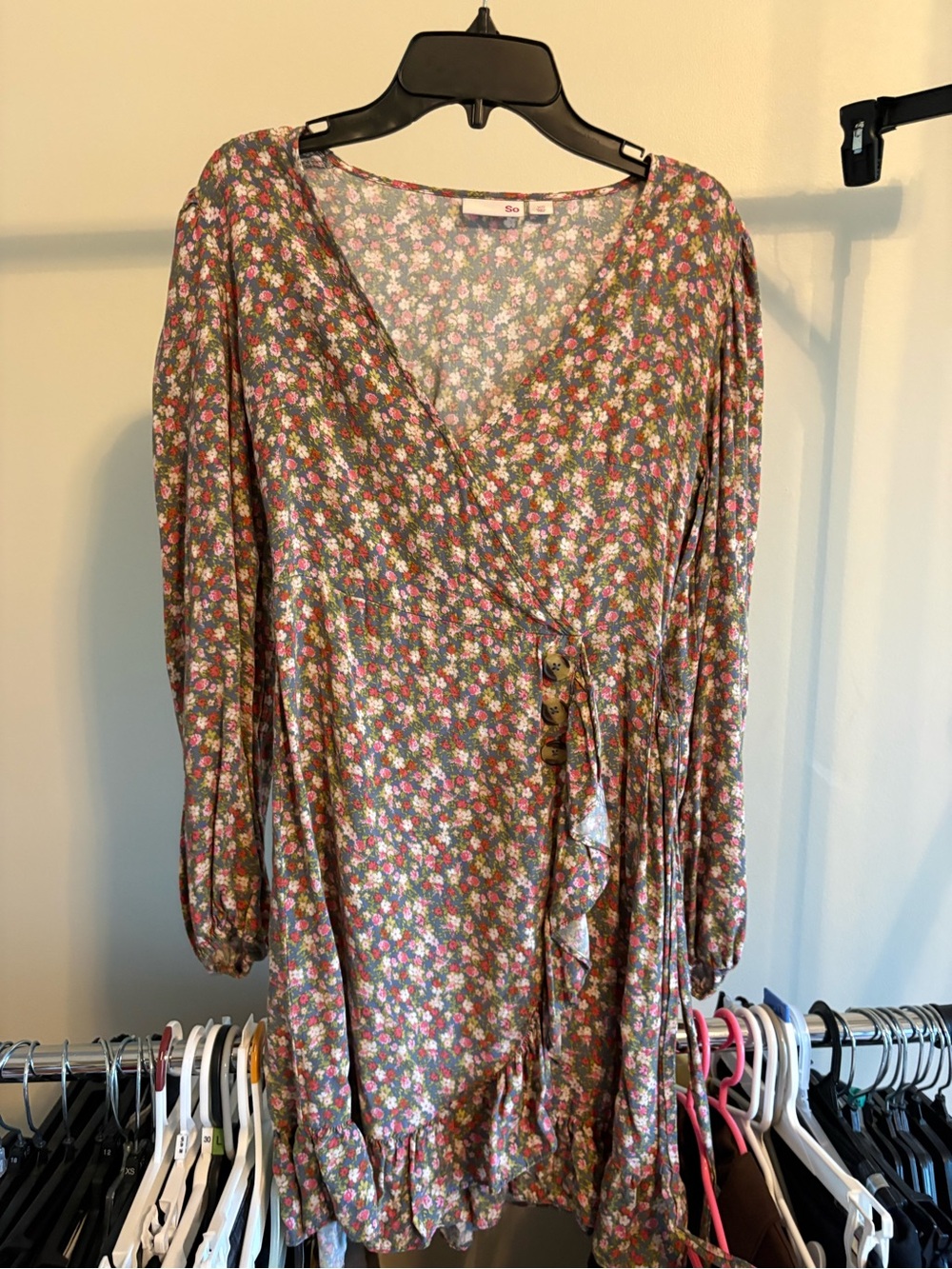 SO Floral Wrap Dress in Olive Green with Pink & Cream